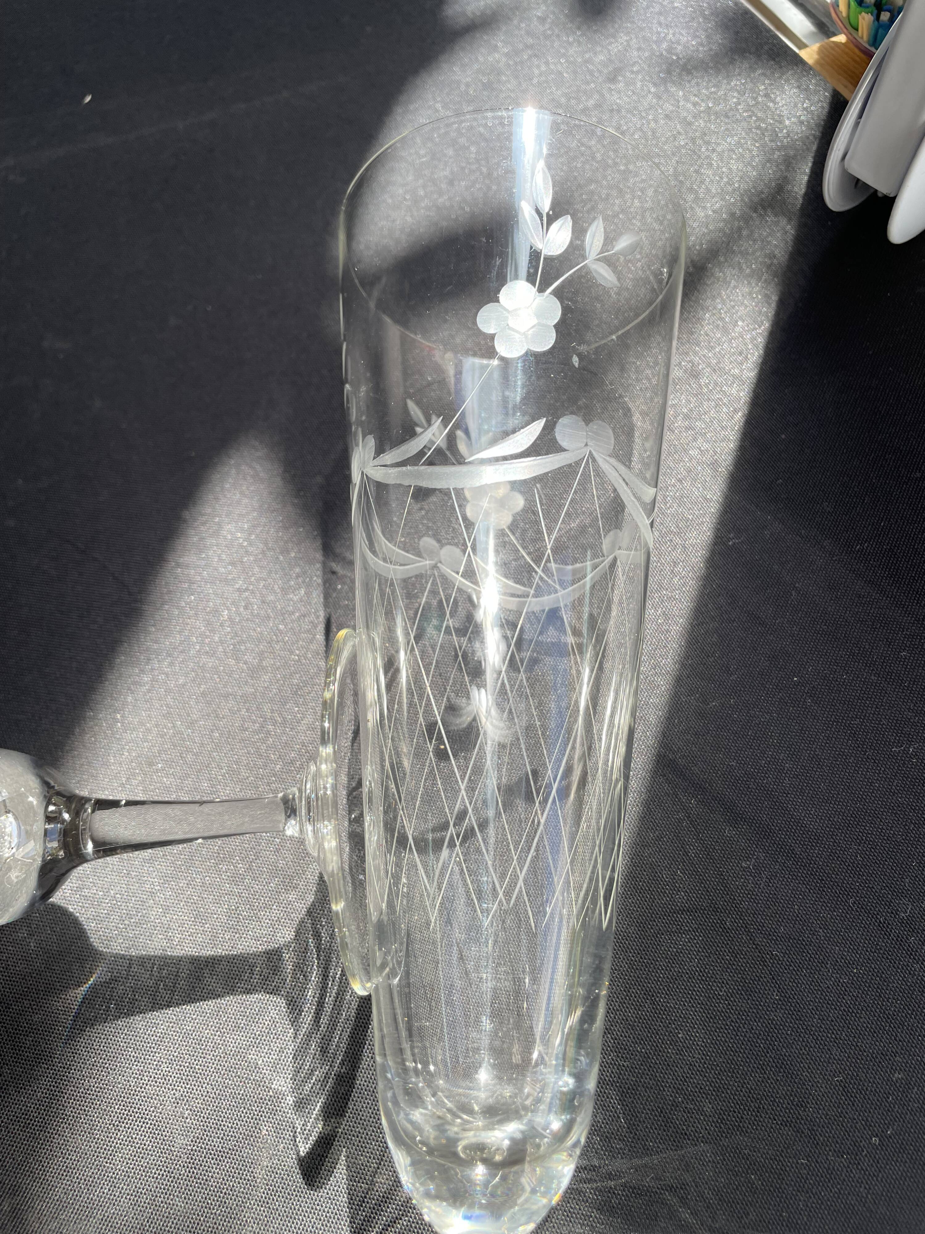 3332 – 4 Large Champagne Flutes – Vintage Cut Crystal, unstamped, these 4 large flutes