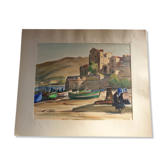 André Duculty (1912-1990) Watercolor on paper "Collioure, the port and its sinners" Signed below