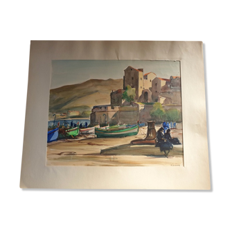 Aquarelle sur papier "Collioure, le port et ses pécheurs" André Duculty