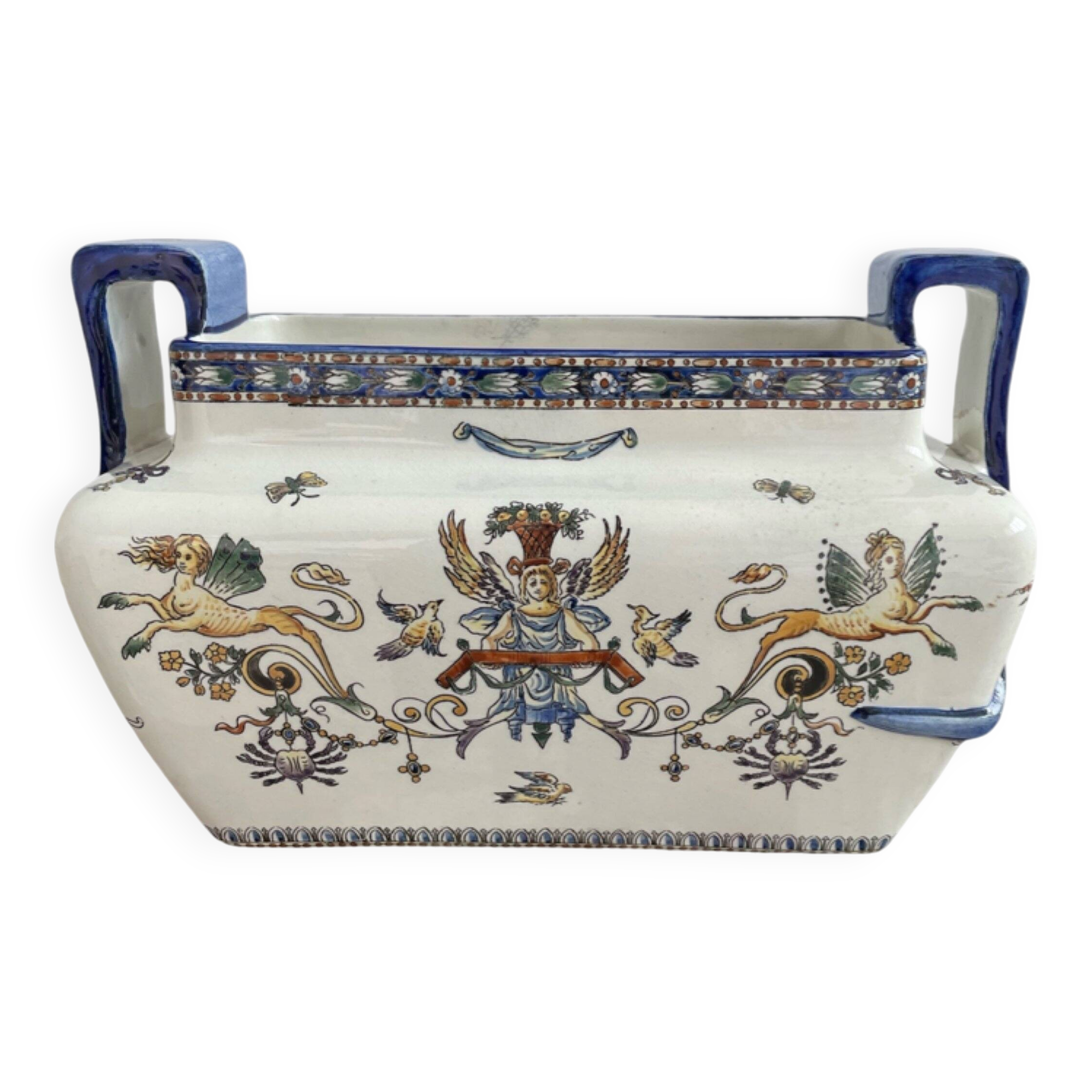 Planter, cache pot, Gien earthenware, rich decoration, Italian Renaissance, winged angel, antique decoration