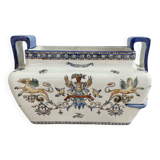 Planter, cache pot, Gien earthenware, rich decoration, Italian Renaissance, winged angel, antique decoration