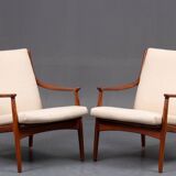 2 teak and ecru fabric armchairs, Denmark 1960