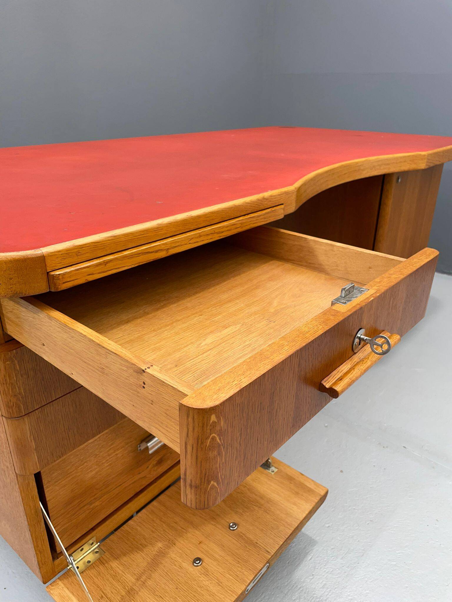 Bauhaus Walnut Writing Desk with Red Top
