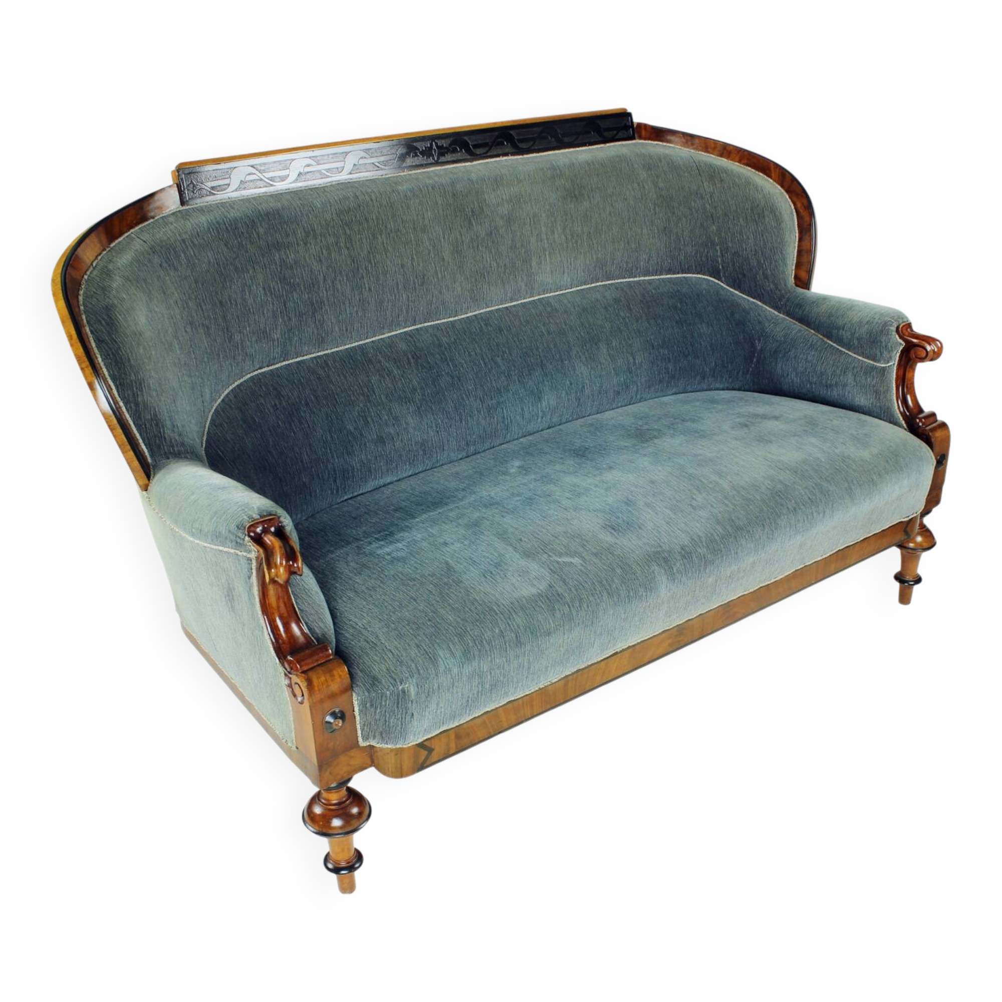 Unique Biedermeier sofa in original fabric and walnut veneer, Vienna, Austria circa 1825