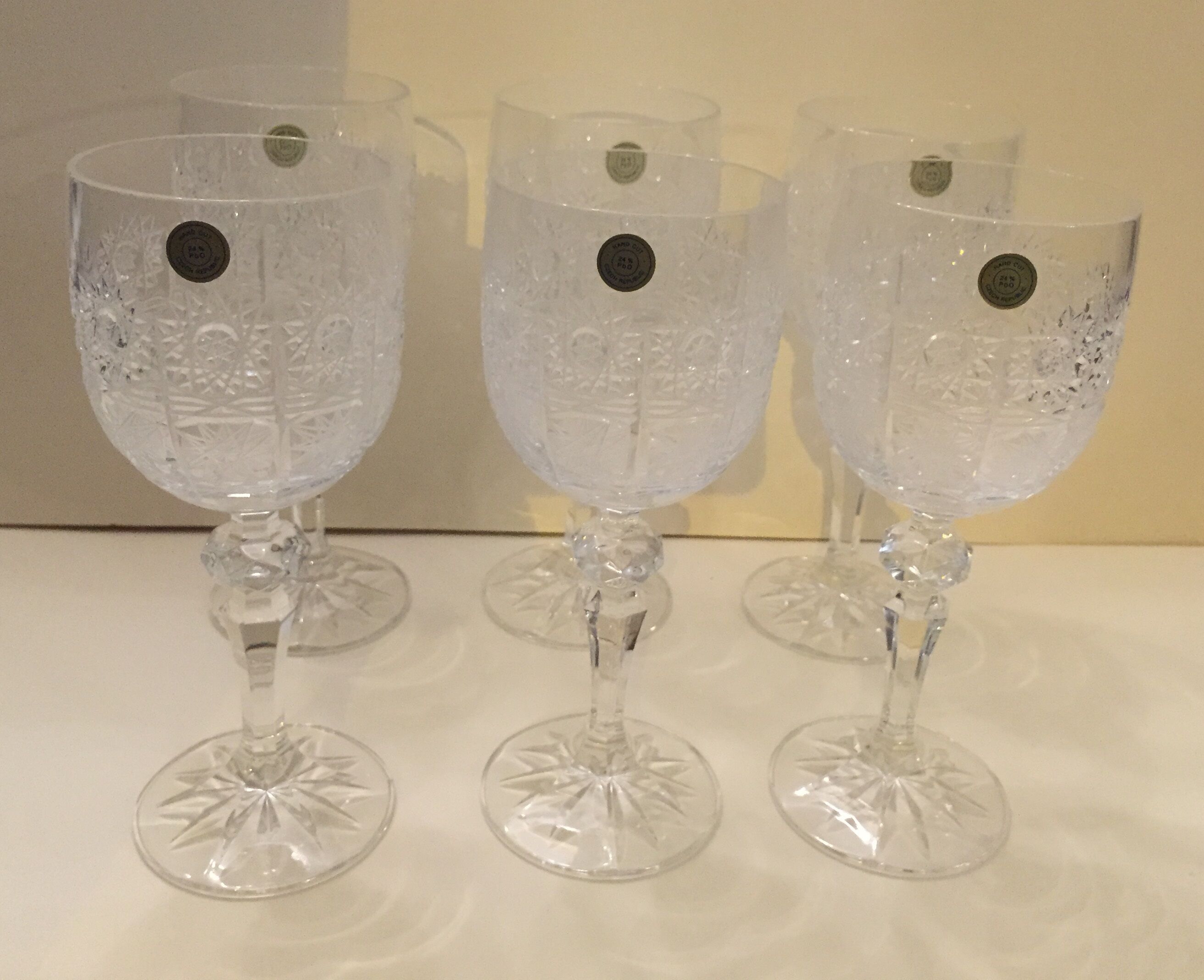 Set of six bohemian crystal wine glasses
