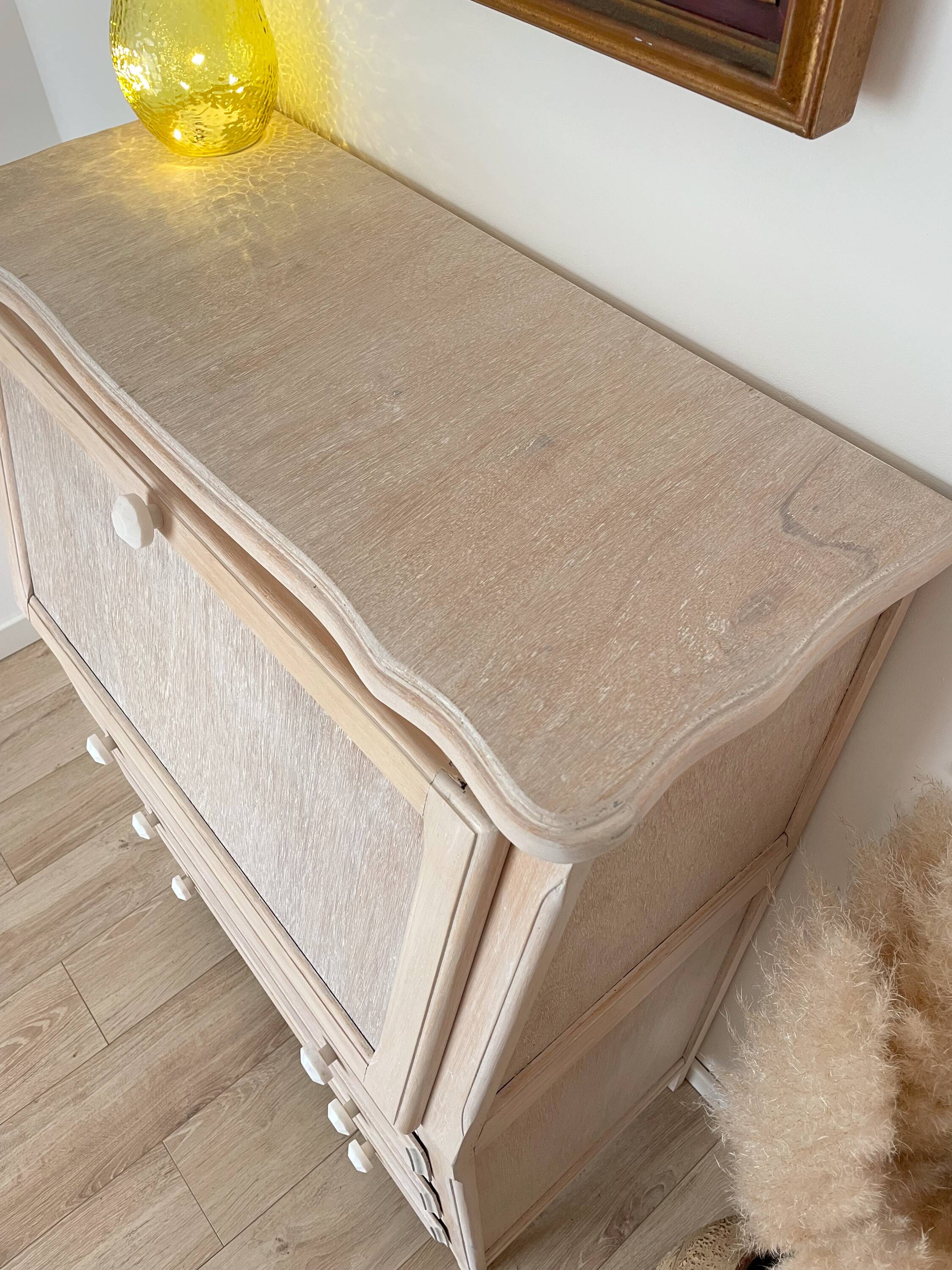 Antique donkey back secretary, white patina with a ceruse effect