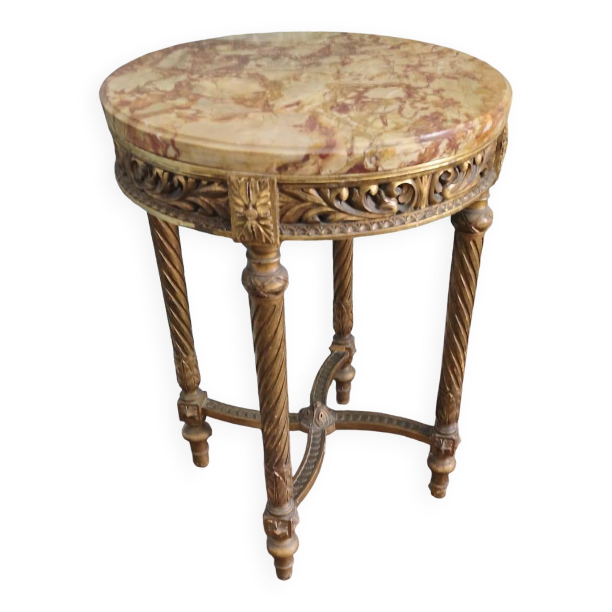Antique Louis XVI style gueridon with veined marble, painted and patinated gilded wood.