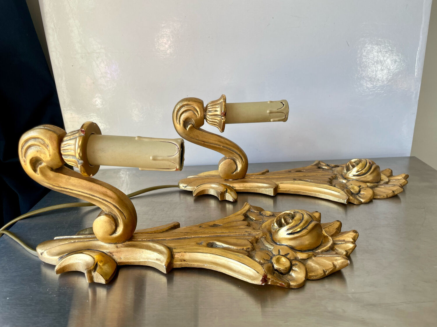 Pair of vintage gilded wood electric wall sconces