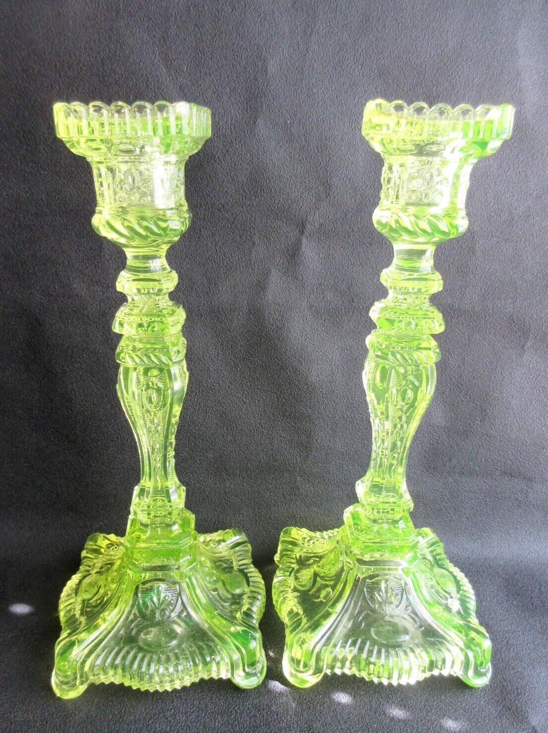 2 old yellow uraline glass candle holders signed portieux