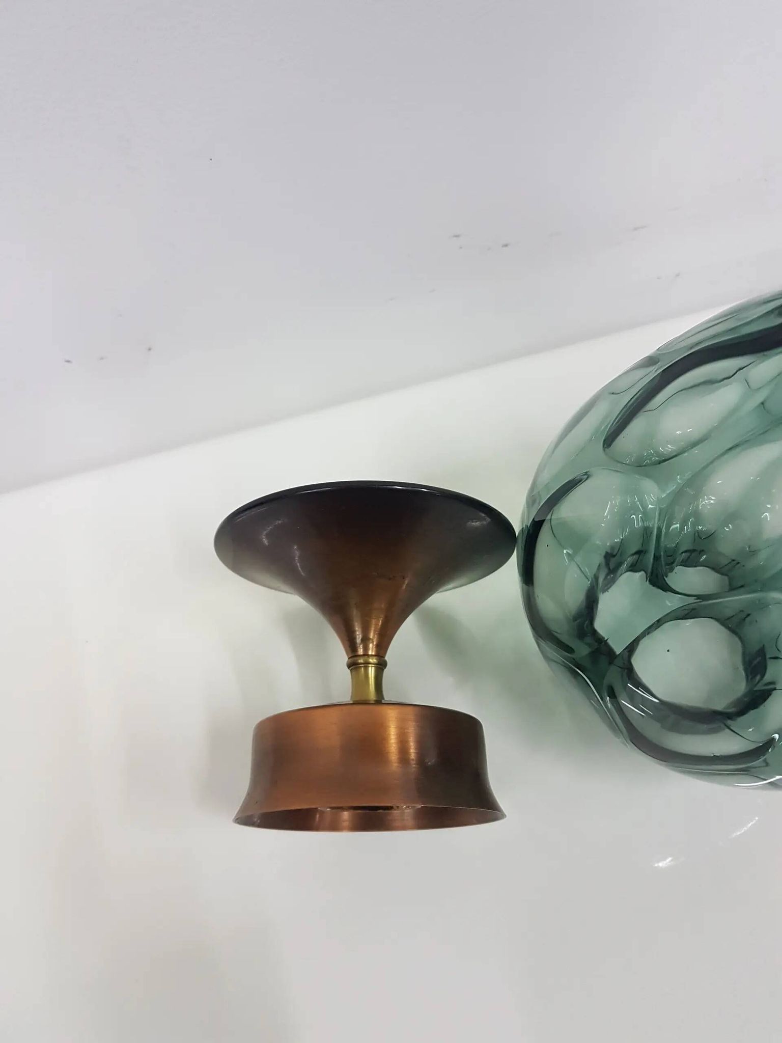 Candlestick, gold-tone brass, clear greenish glass, Austria, 1960s.