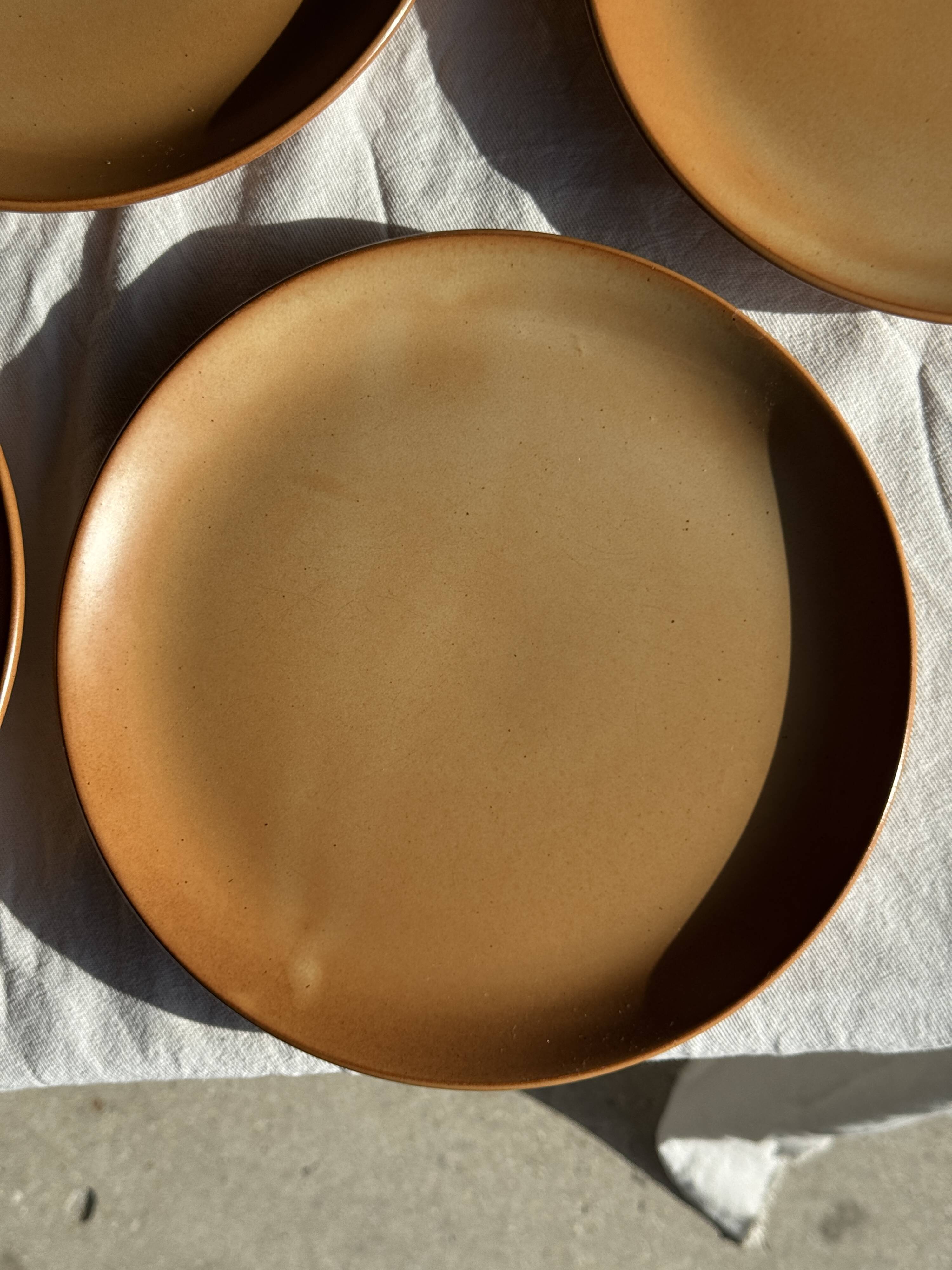 Set of 4 flat dinner plates in stoneware, no brand underneath.
