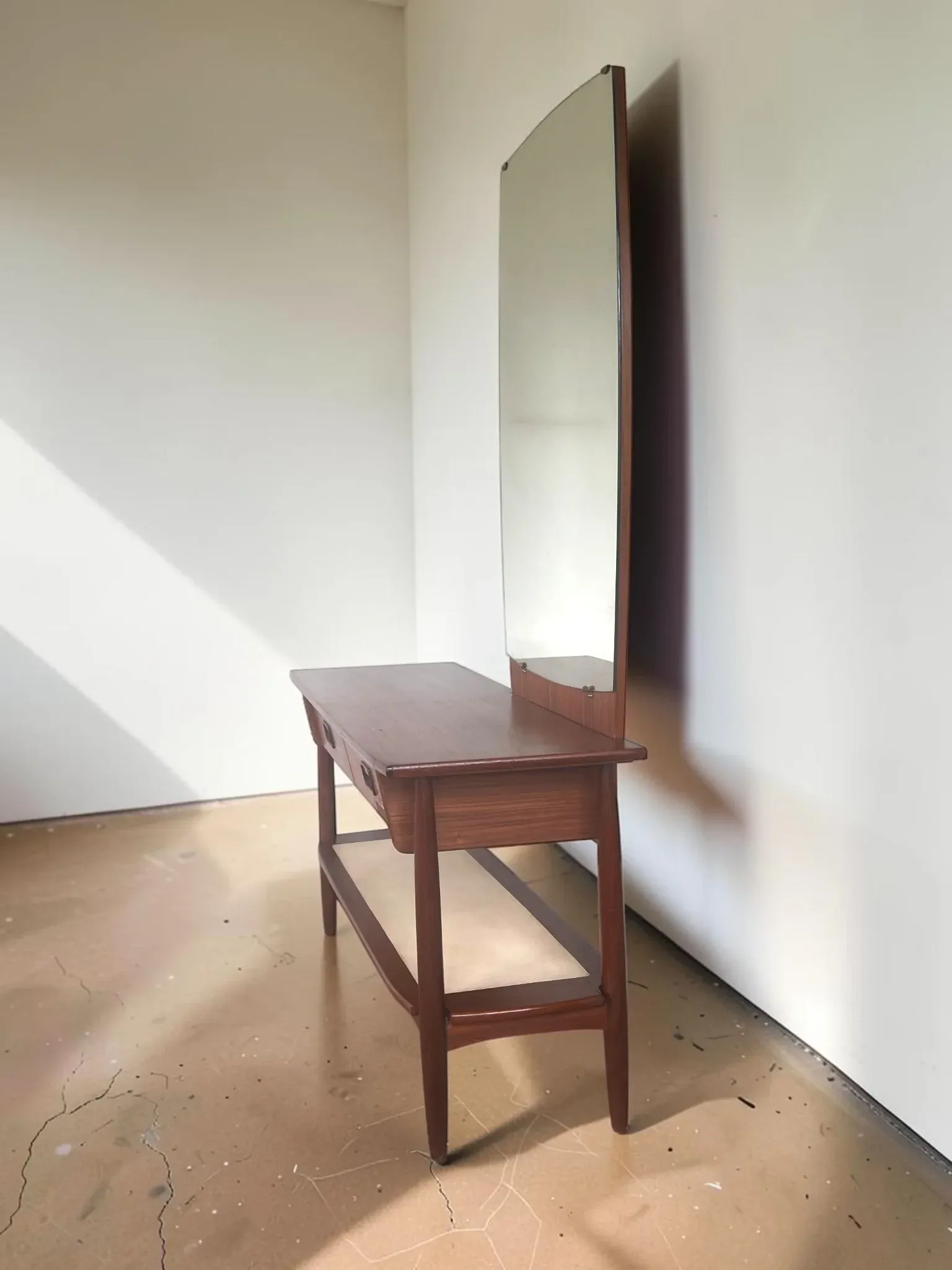 Vintage teak dressing table with mirror and drawers.