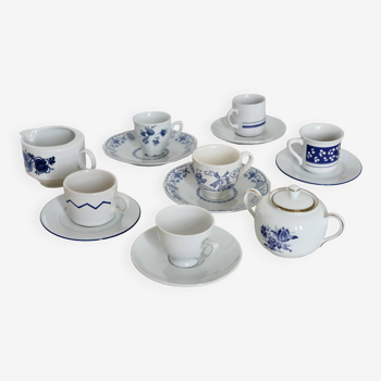Service à thé vintage dépareillé porcelaine blanc et bleu 6 personnes
