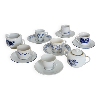 Vintage mismatched white and blue porcelain tea set for 6 people