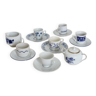 Service à thé vintage dépareillé porcelaine blanc et bleu 6 personnes
