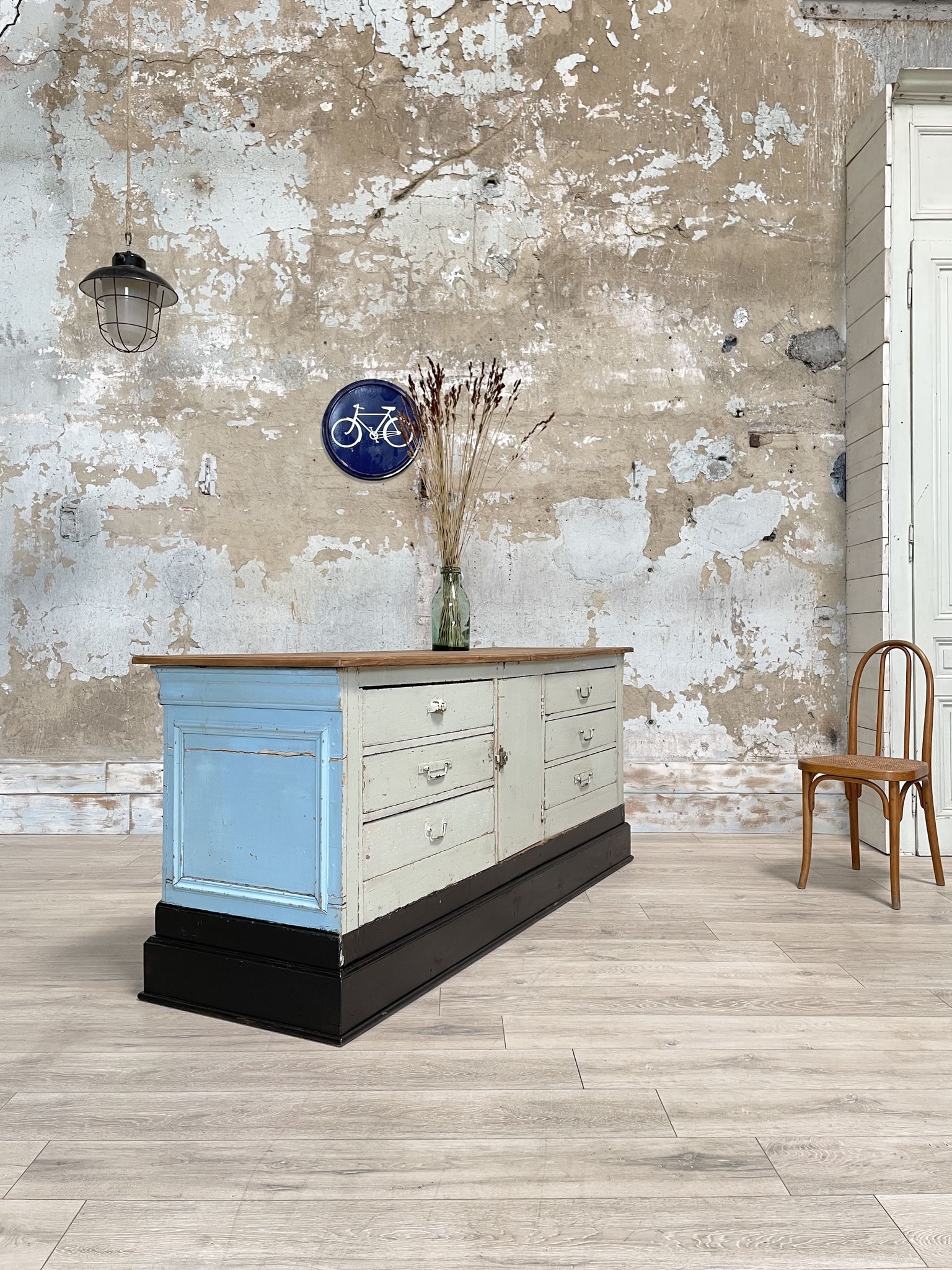 Bank counter furniture in patinated wood, circa 1900