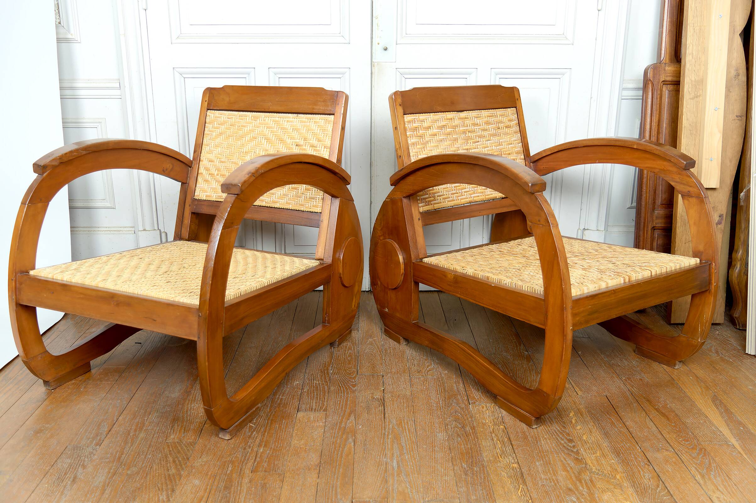 Pair of Teak Armchairs with Woven Rattan Seats, Colonial Art Deco, 1925