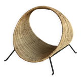 Magazine rack or log holder in wicker and metal - 1950 design