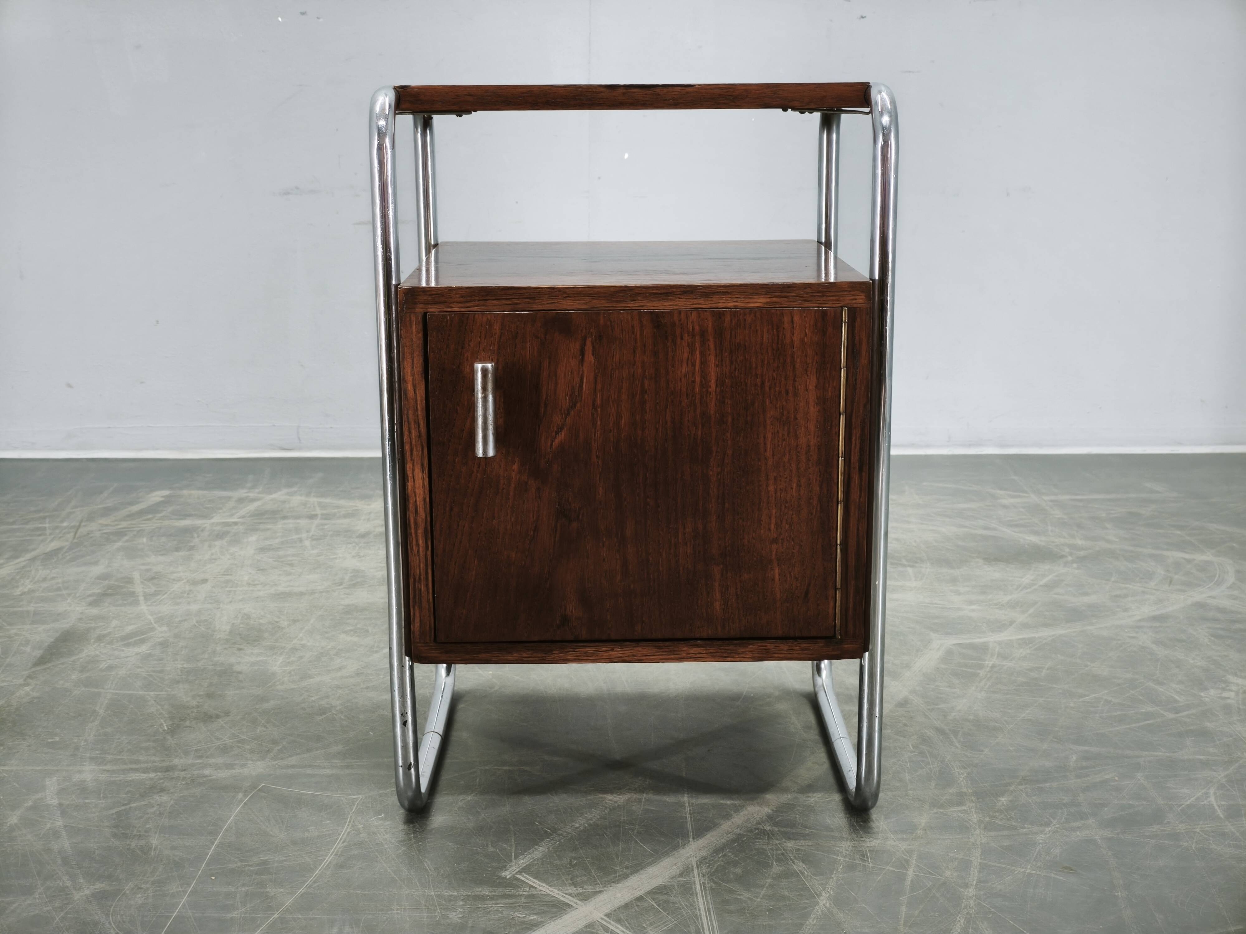 Bauhaus Oak and Chrome Tubular Nightstand, Czechoslovakia 1940s