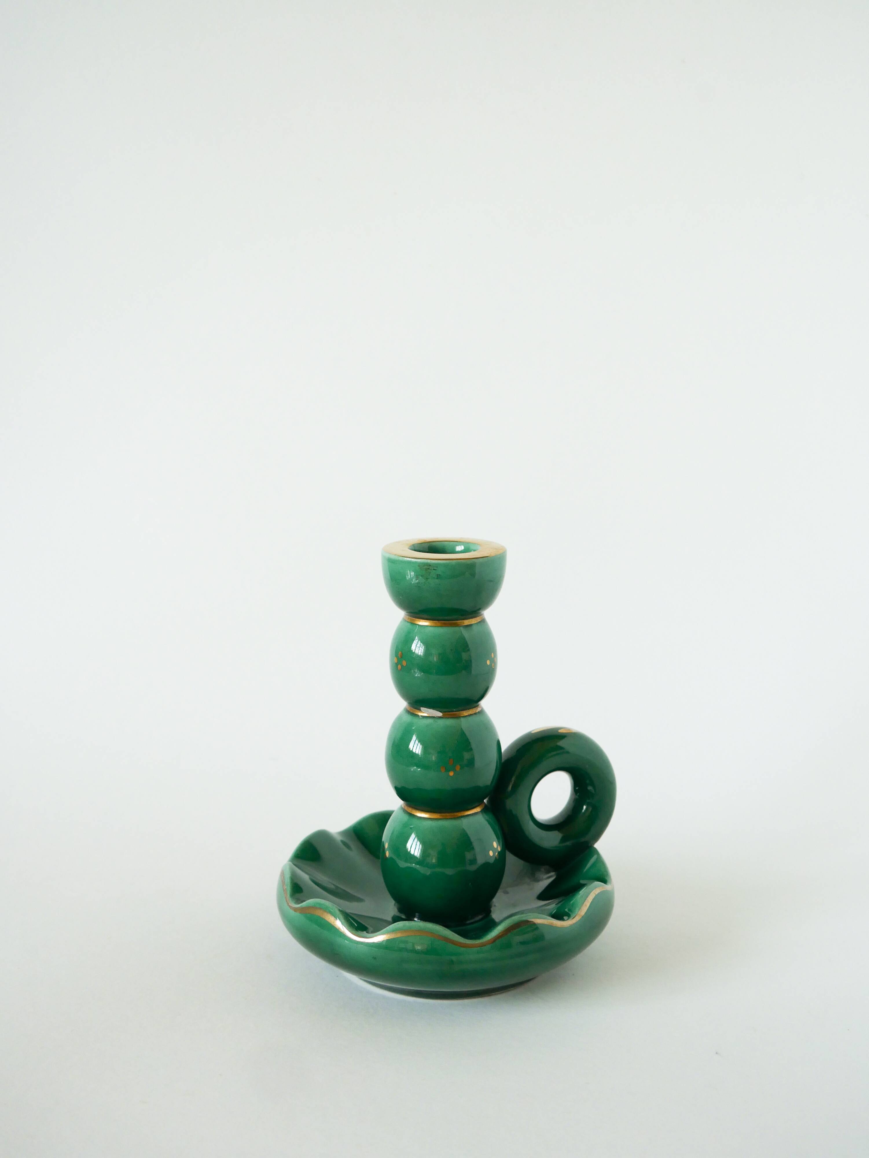 ceramic candle holder, Green & Gold, 1960