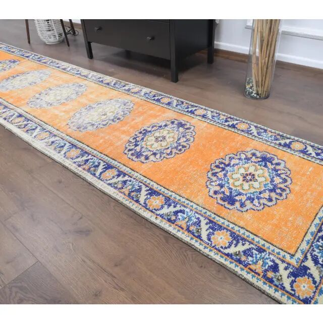 Vintage Turkish Oushak Handmade Wool Cotton Orange Runner 74x325