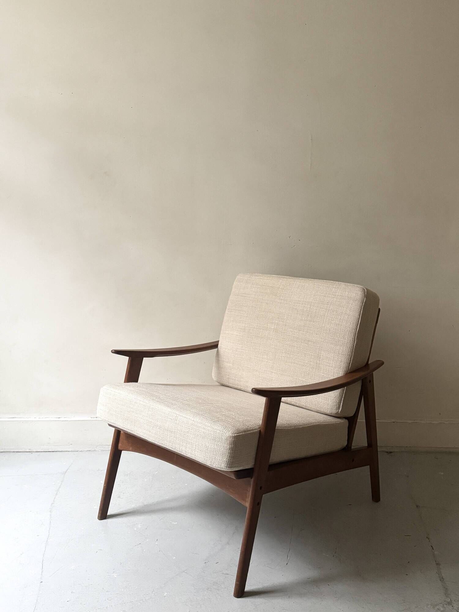 Scandinavian armchair in wood, Pierre Frey fabric, refurbished, Denmark 1950.