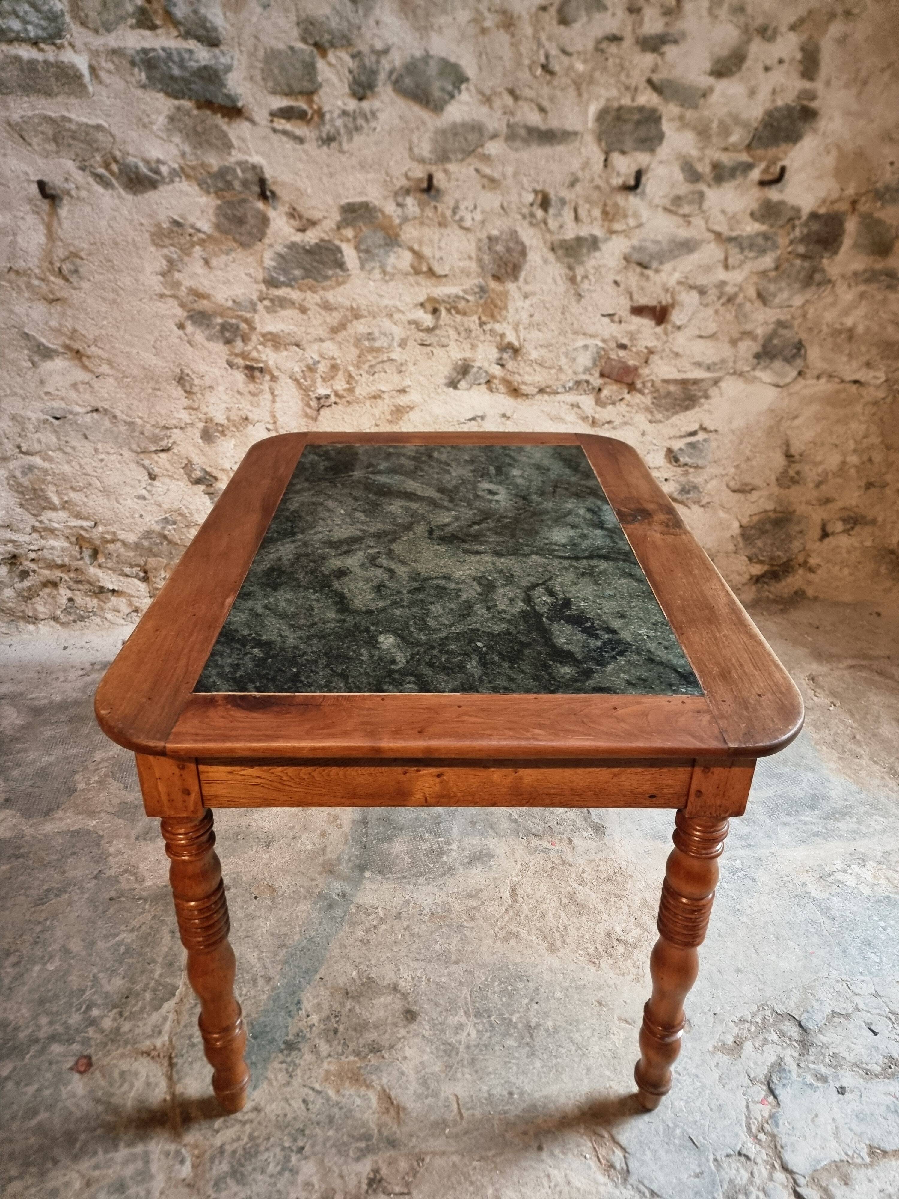 French vintage dining/desk table – oak and walnut – marble top – 1960s writing table with drawer