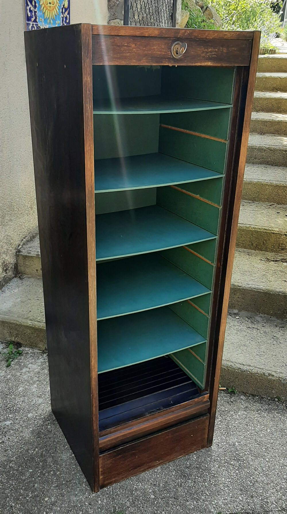 Cabinet storage cabinet with curtains, wooden, vintage.