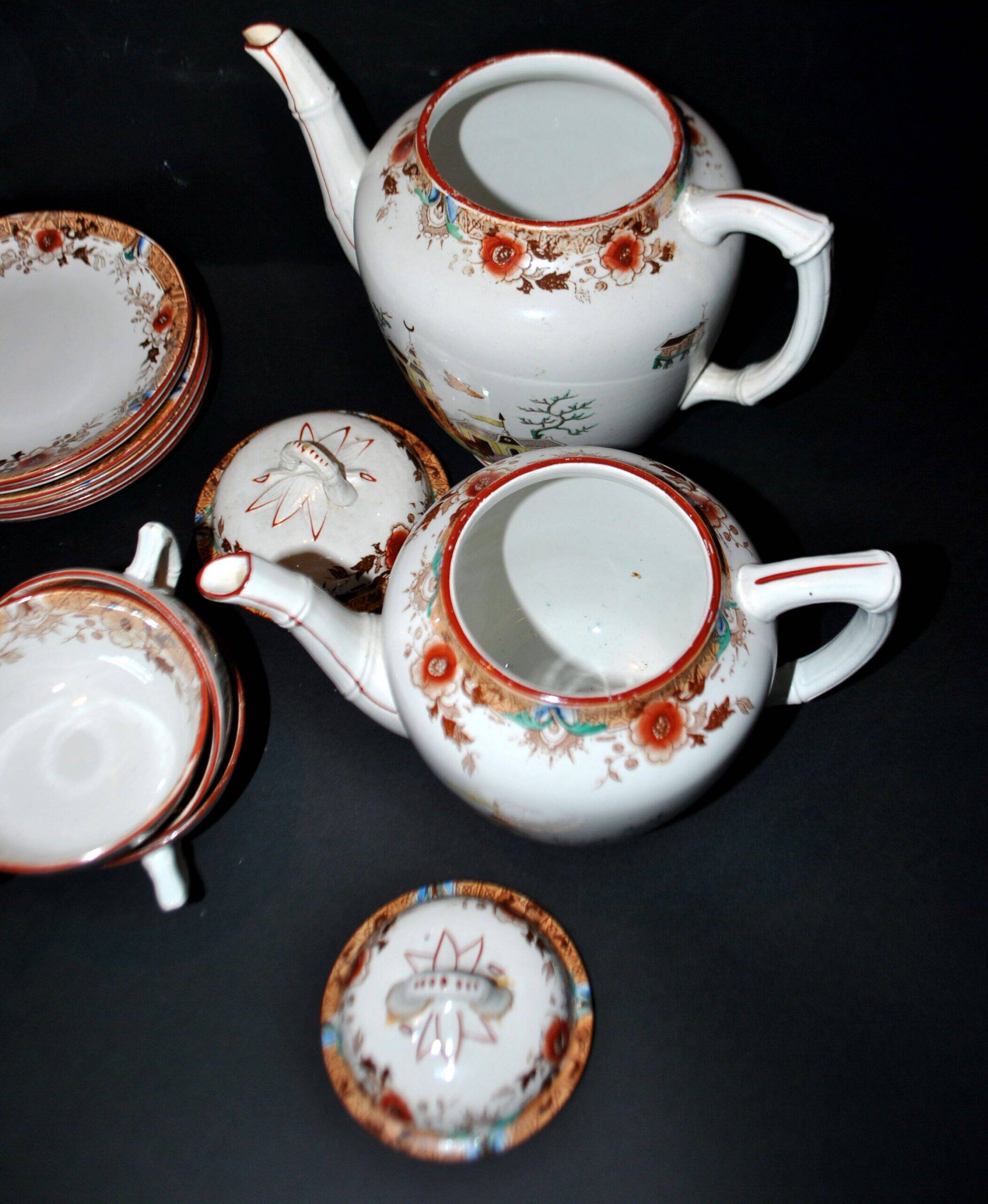 Sarreguemines coffee set 6 cups + 2 earthenware coffee pots with Chinese bamboo decor