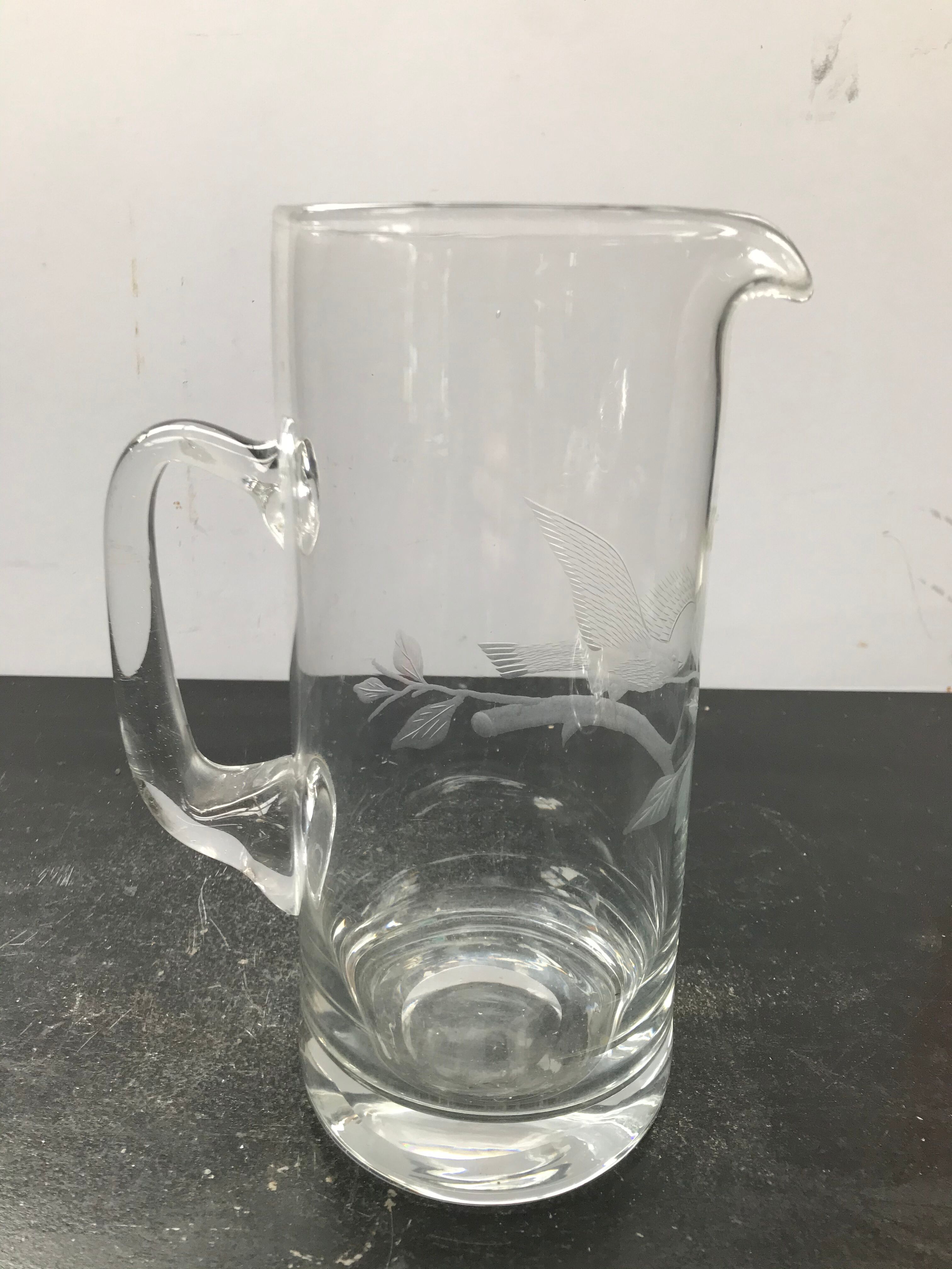 Former Pitcher Carafe Glass Blown Transparent - Engraving Eagle Vintage Kitchen