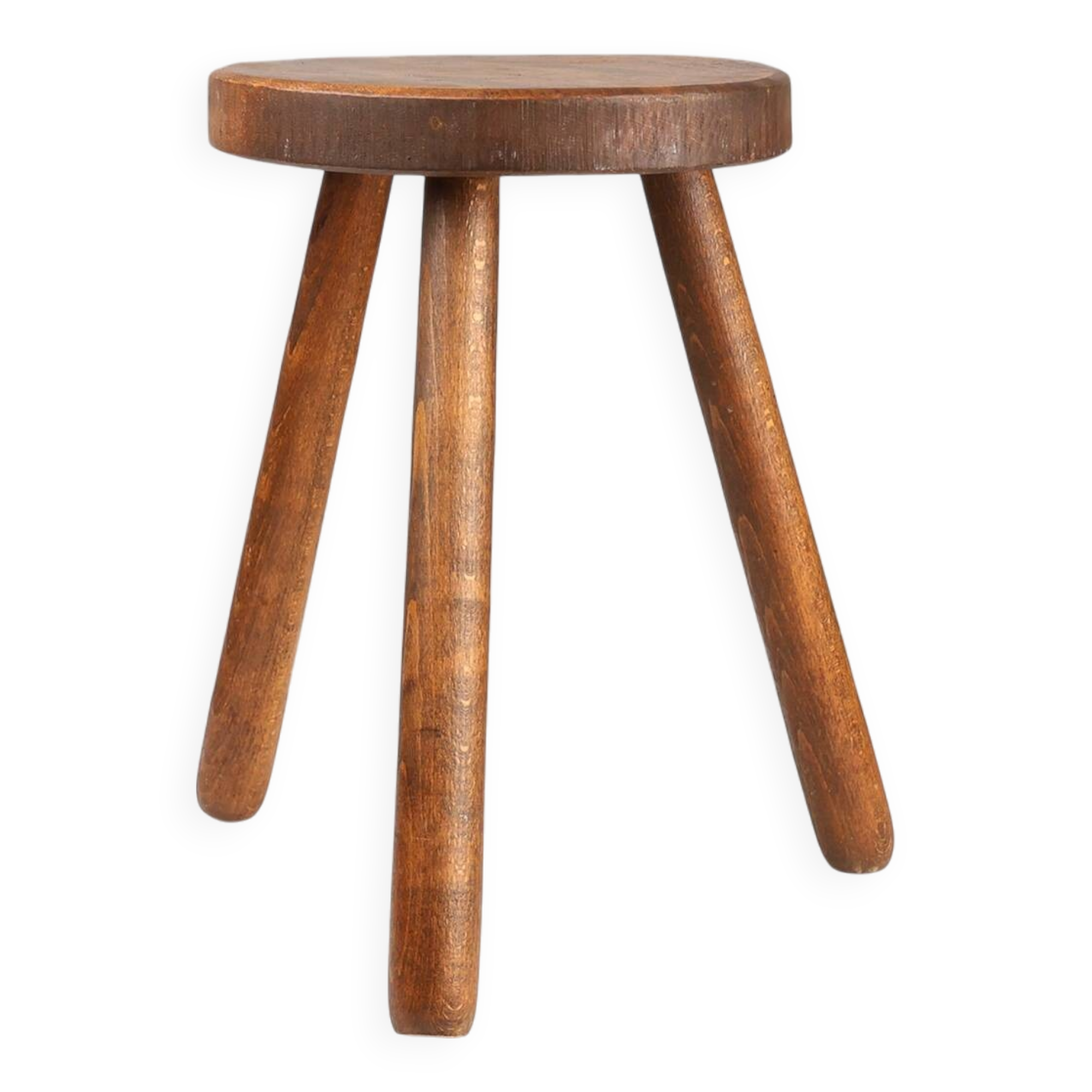 French hand crafted brutalist rustic low tripod stool in solid wood