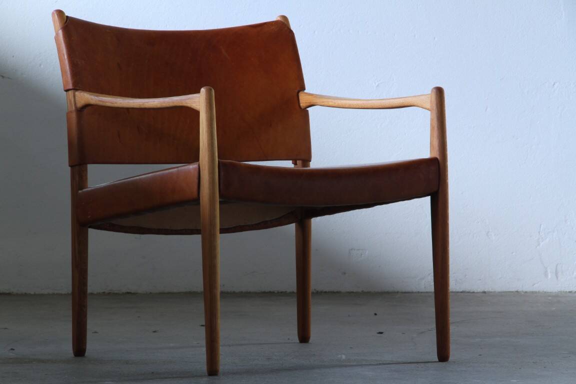 Pair of vintage Per-Olof Scotte "Premier 69" oak armchairs in cognac leather