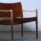 Pair of vintage Per-Olof Scotte "Premier 69" oak armchairs in cognac leather