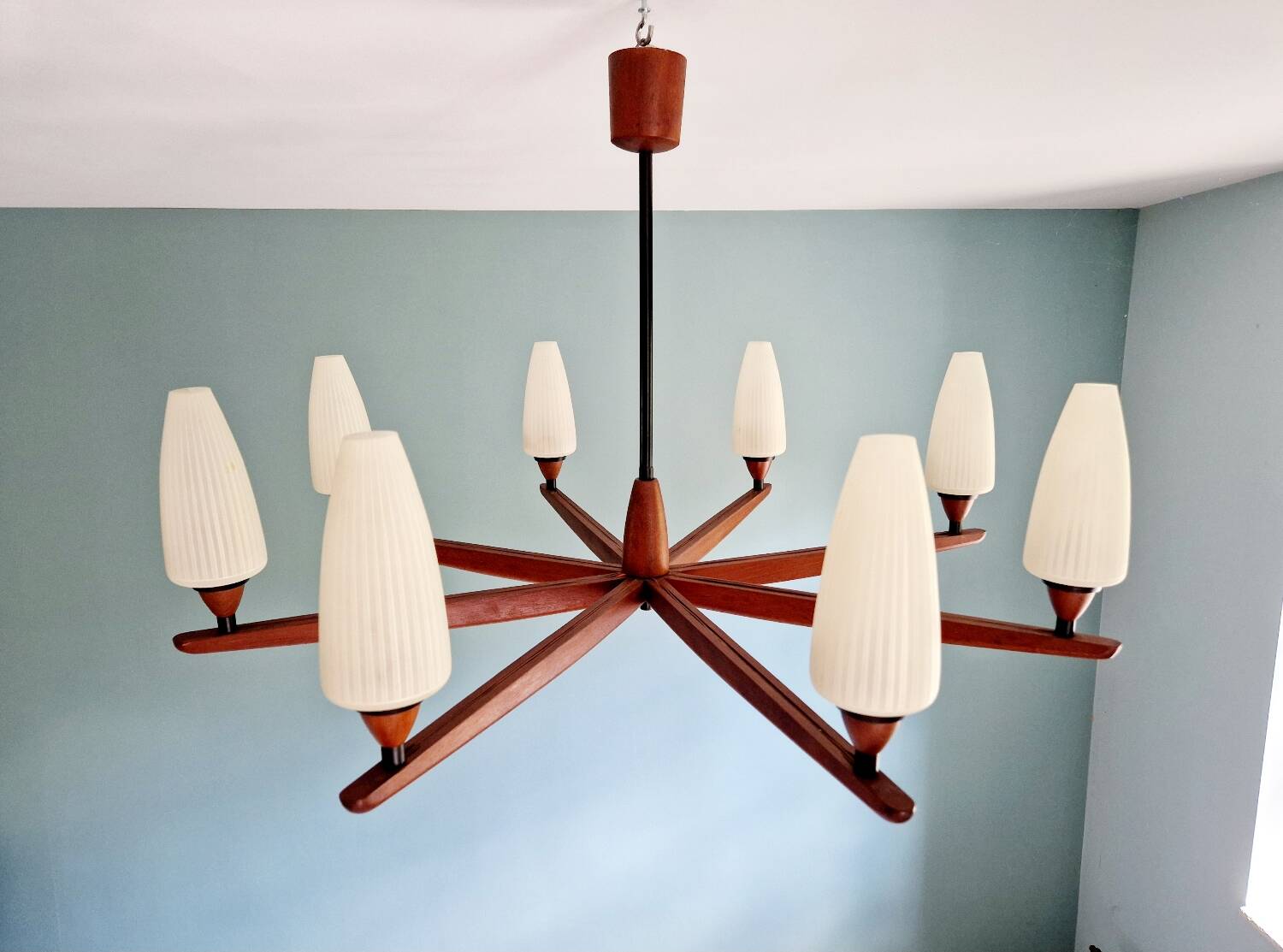 Large Scandinavian teak chandelier, Uno & Östen Kristiansson, 1960