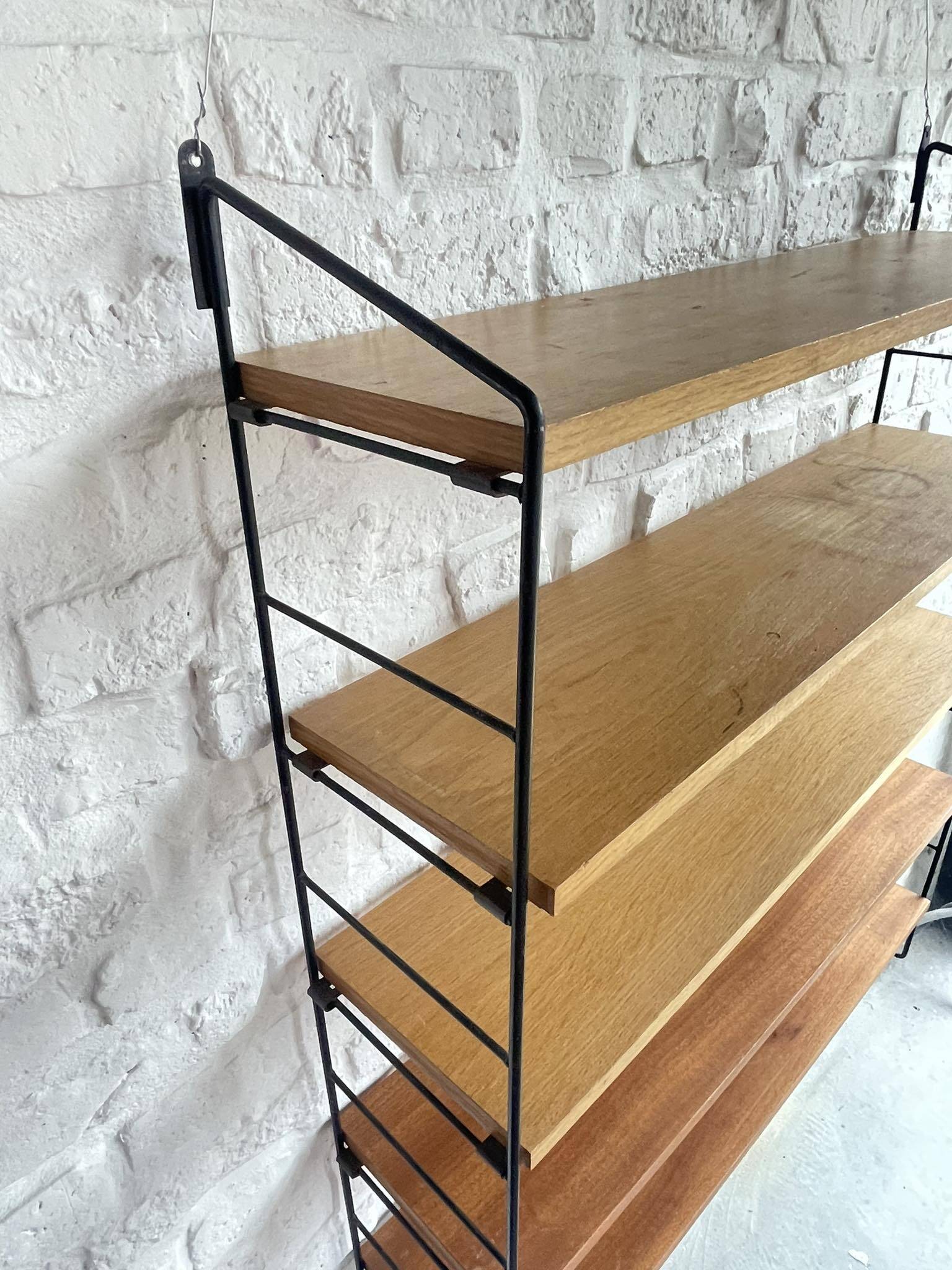 Scandinavian vintage wall shelf String real large model with 5 wood and black metal boards