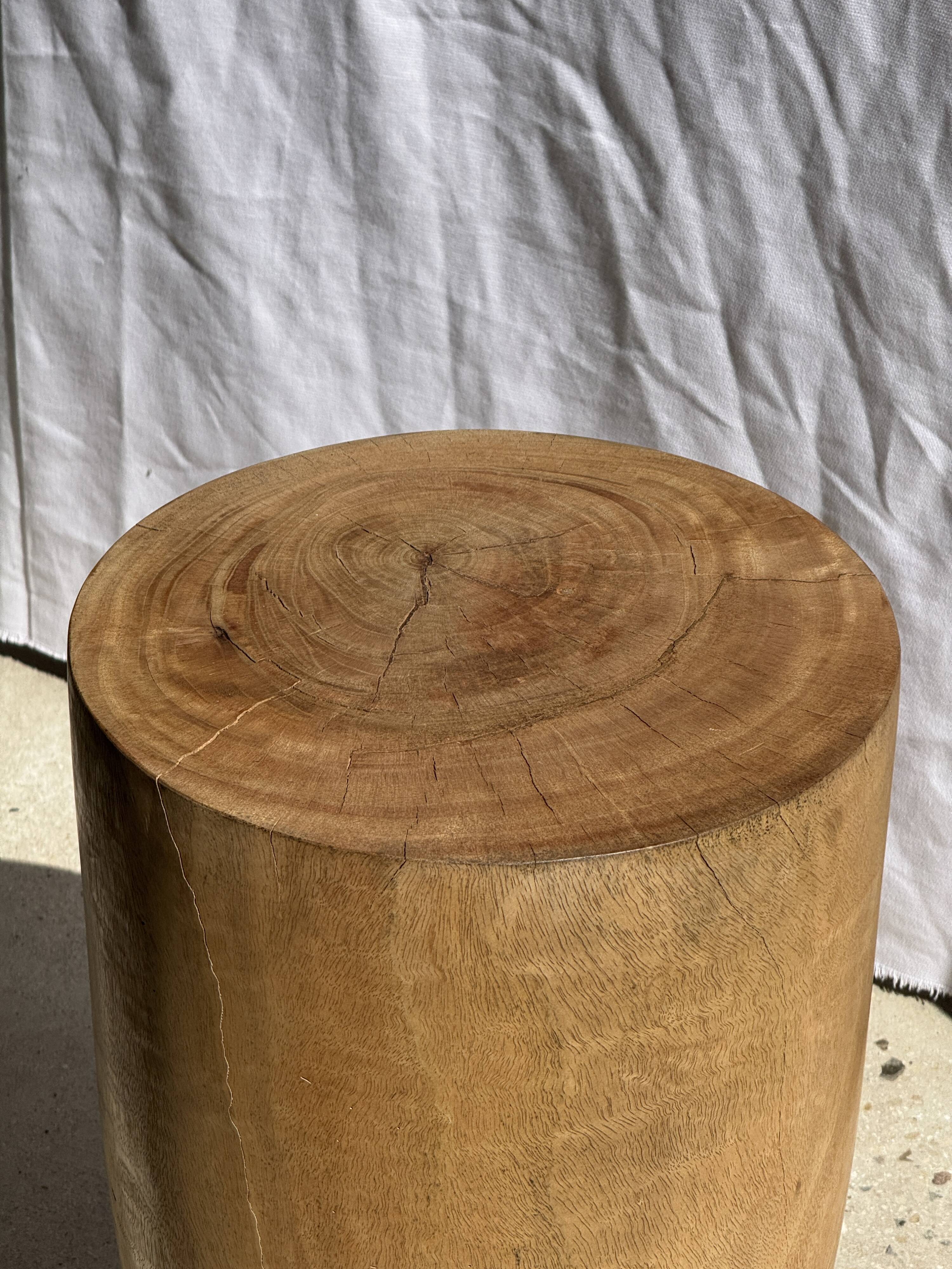 Stool, side table, cylindrical solid mango wood end table.