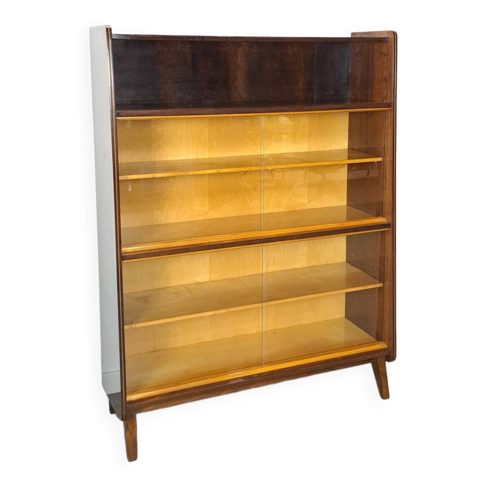 Donker vintage fineer design vitrinekast Jirak, boekenkast