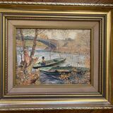 Tableau  : huile sur toile - paysage lacustre animé