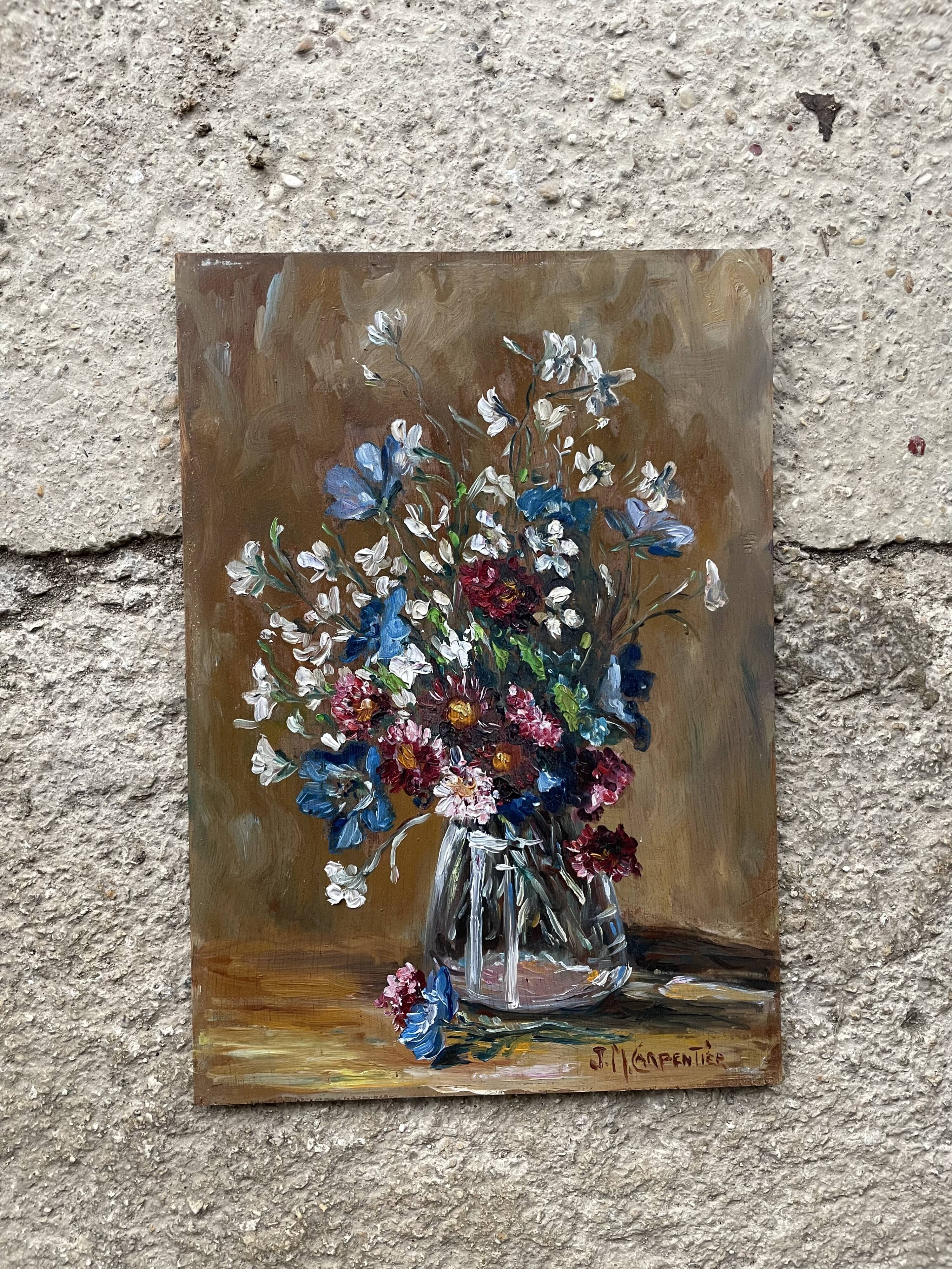 Oil on old panel, still life signed