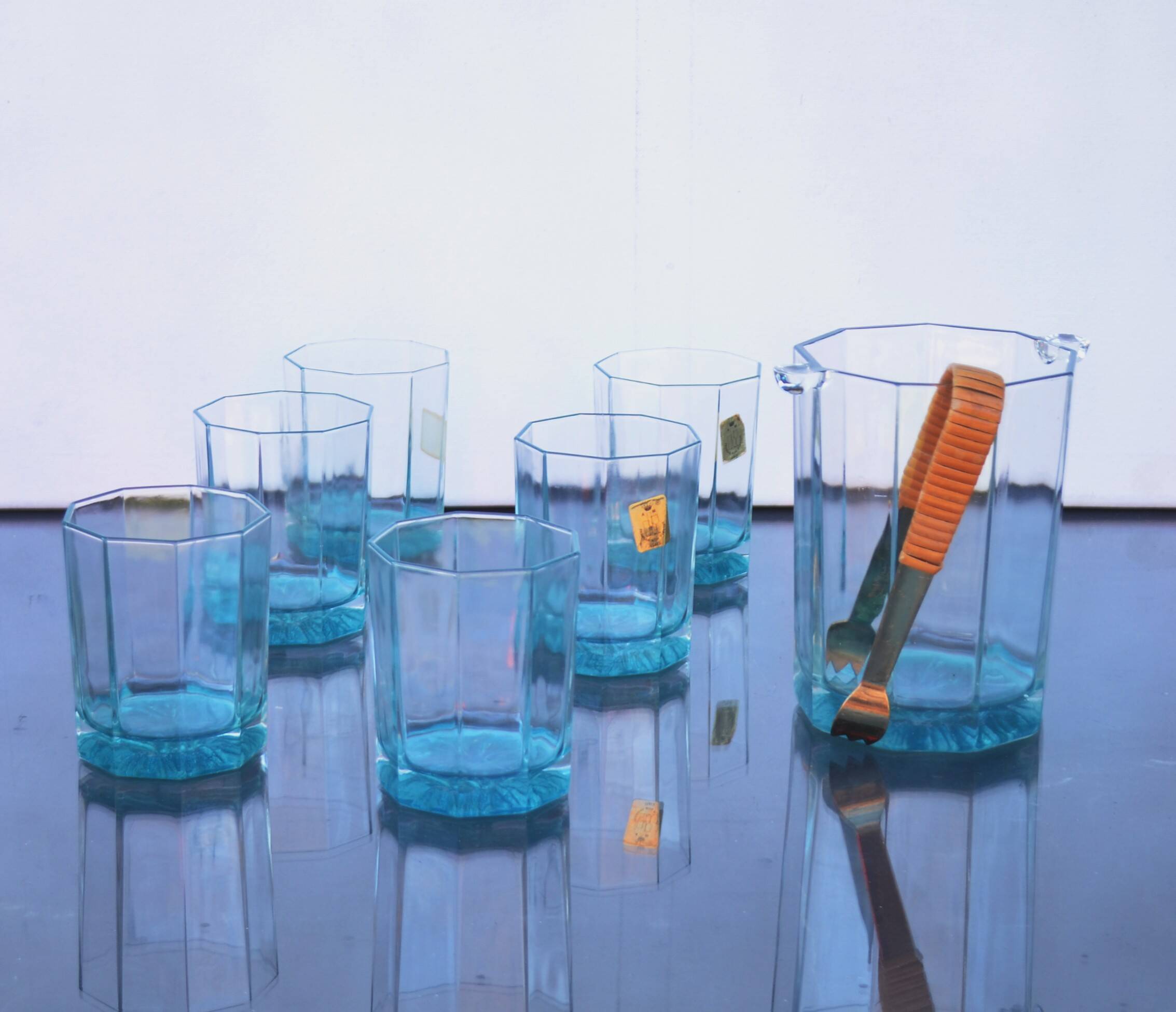 Mid Century Italy Frangar Non Flectar Whiskey Set of Blue Glasses With Ice Bucket and Fork Tongs