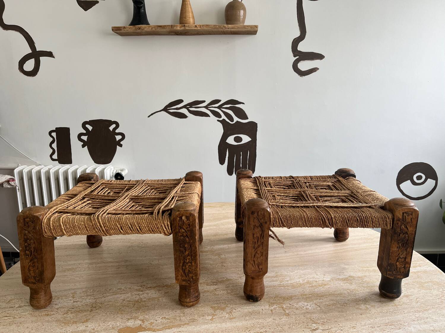 Carved and woven wooden stools from the 70s