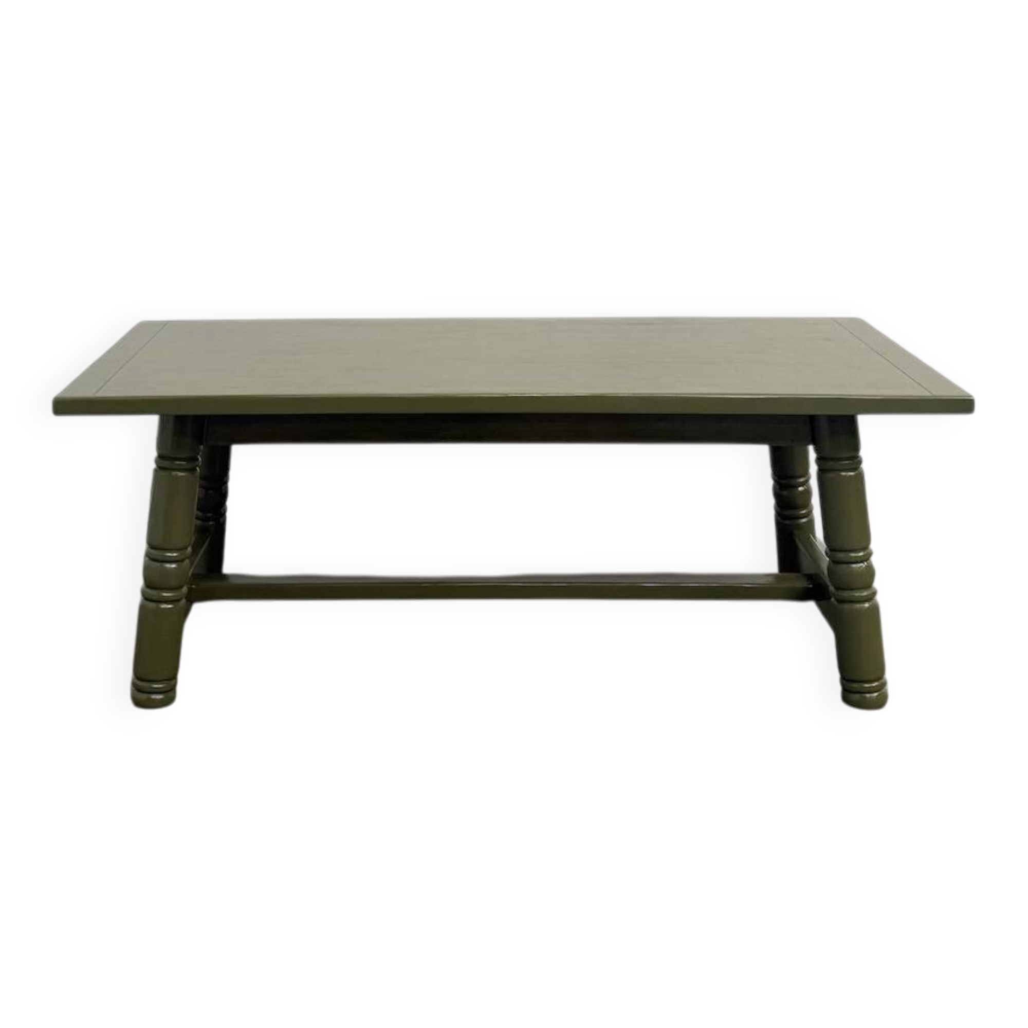 Glossy olive green lacquered dining table — DLG Georges Robert, Circa 1970