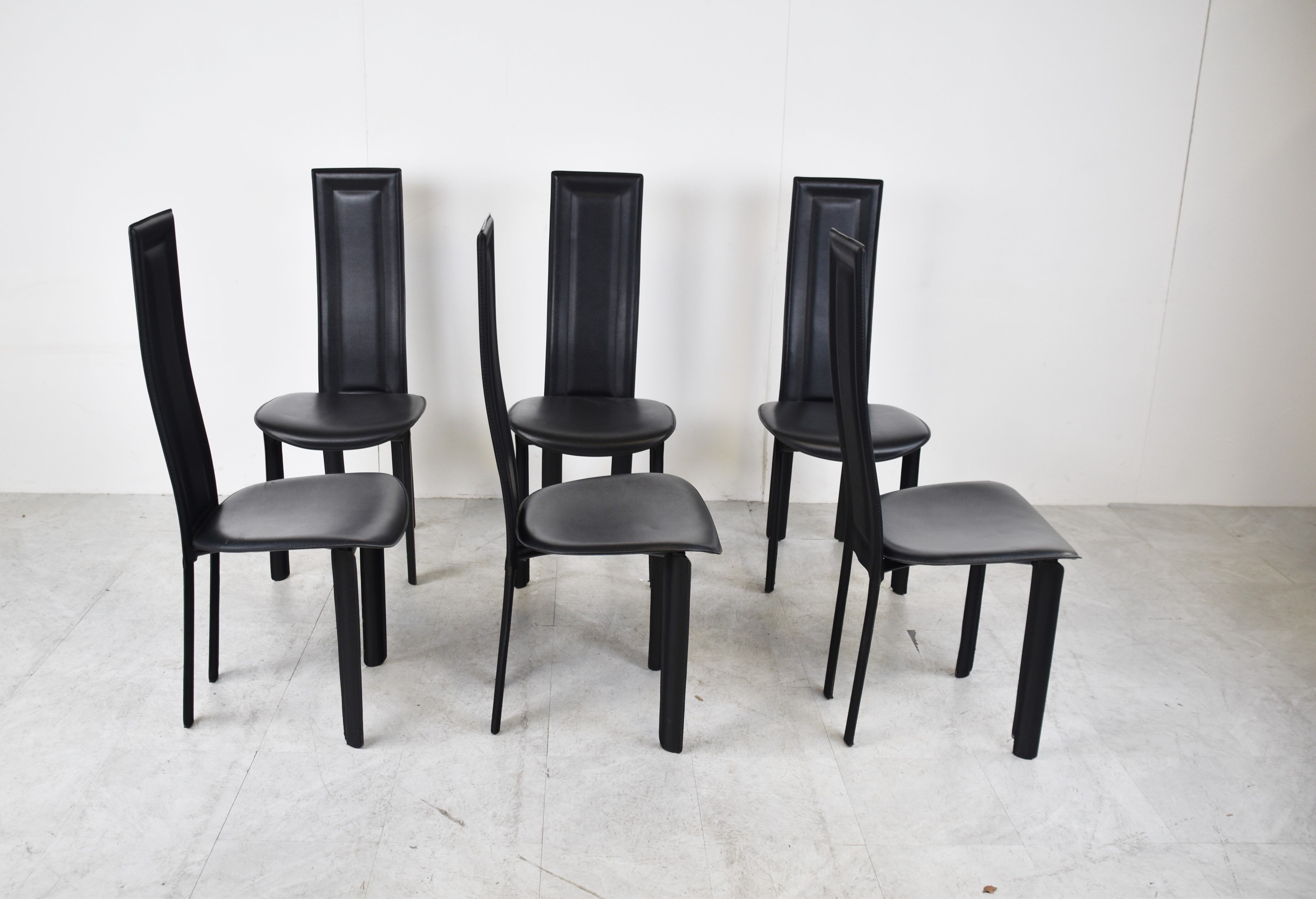Vintage black leather dining chairs,  1980