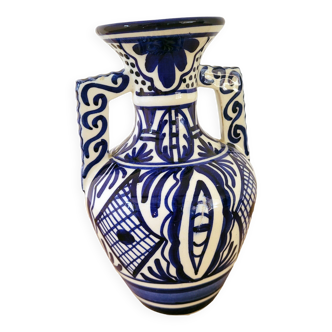 Vase vintage amphore à deux anses bleu