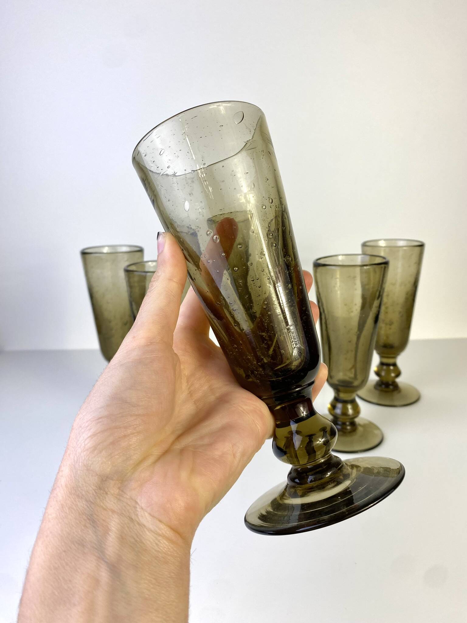 Set of 6 vintage black bubble glass champagne flutes