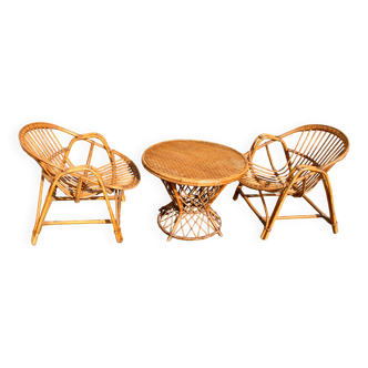 Vintage balcony garden furniture armchairs and table bamboo and rattan 1960