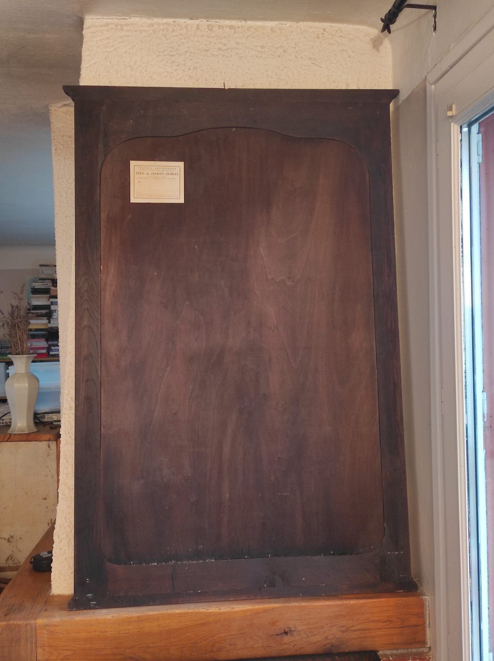 Old mirror 128.5x85 cm of art deco fireplace 1900 in dark oak