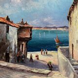 HST Marine painting "Live alley of Calvi" Corsica signed circa 1950