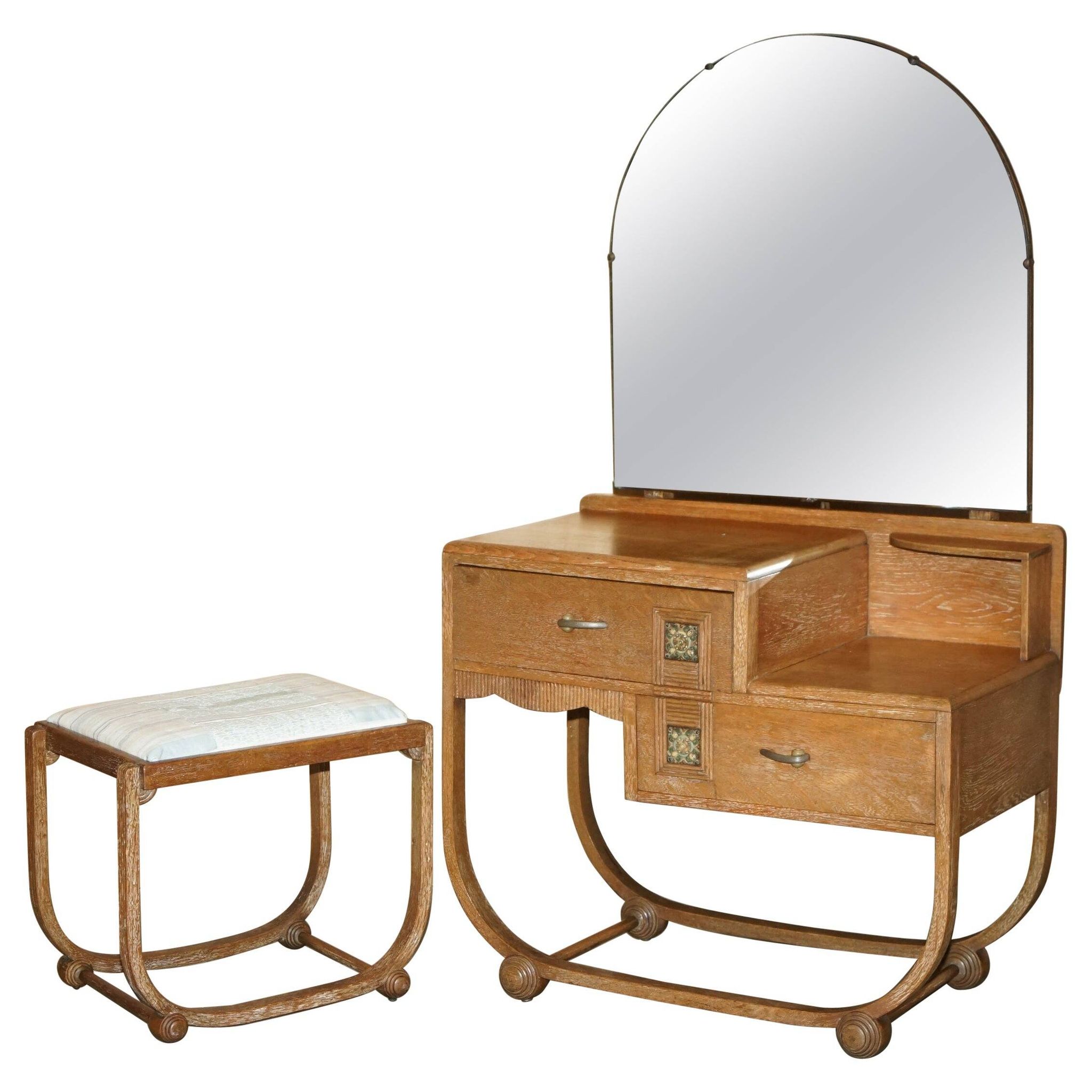 Art Deco whitewashed oak dressing table with Heal's stool.