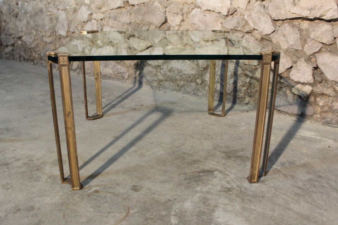 Vintage square coffee table in glass and brass by Peter Ghyzcy